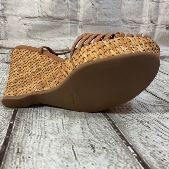 PRADA Tan Wedge Sandals Strappy Design & Woven Platform Sole Sz 8.5 US 38.5 EU - Picture 7 of 9